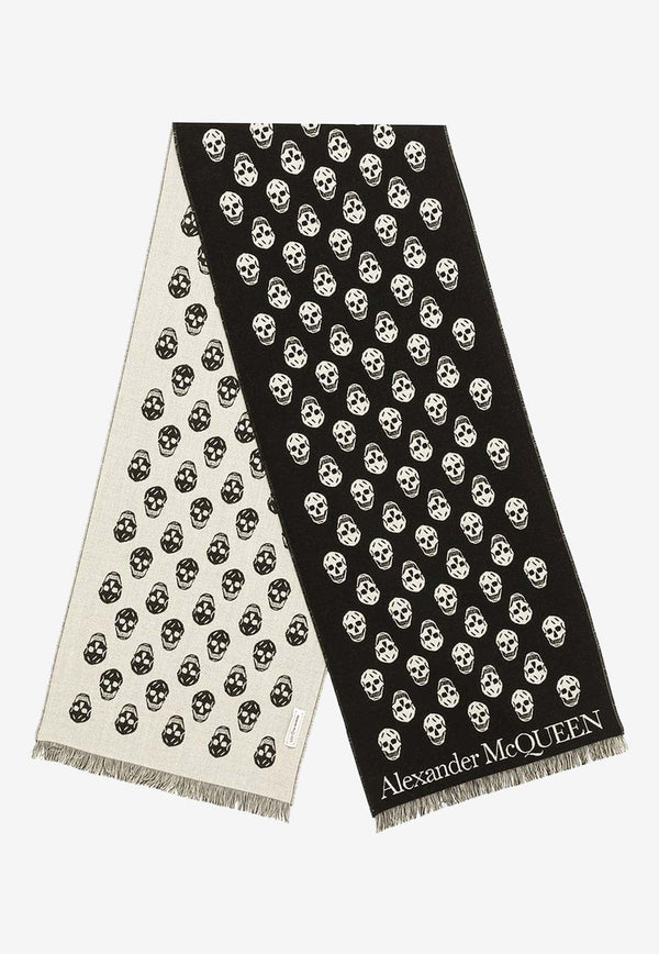 Skull Print Fringed Wool Scarf