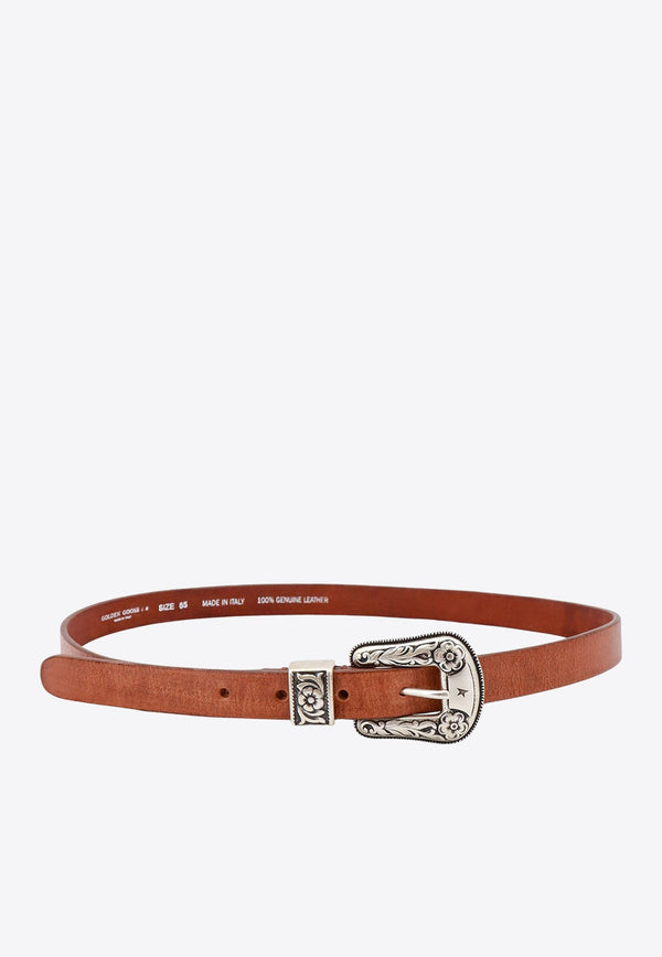 Decorated Buckle Washed Leather Belt