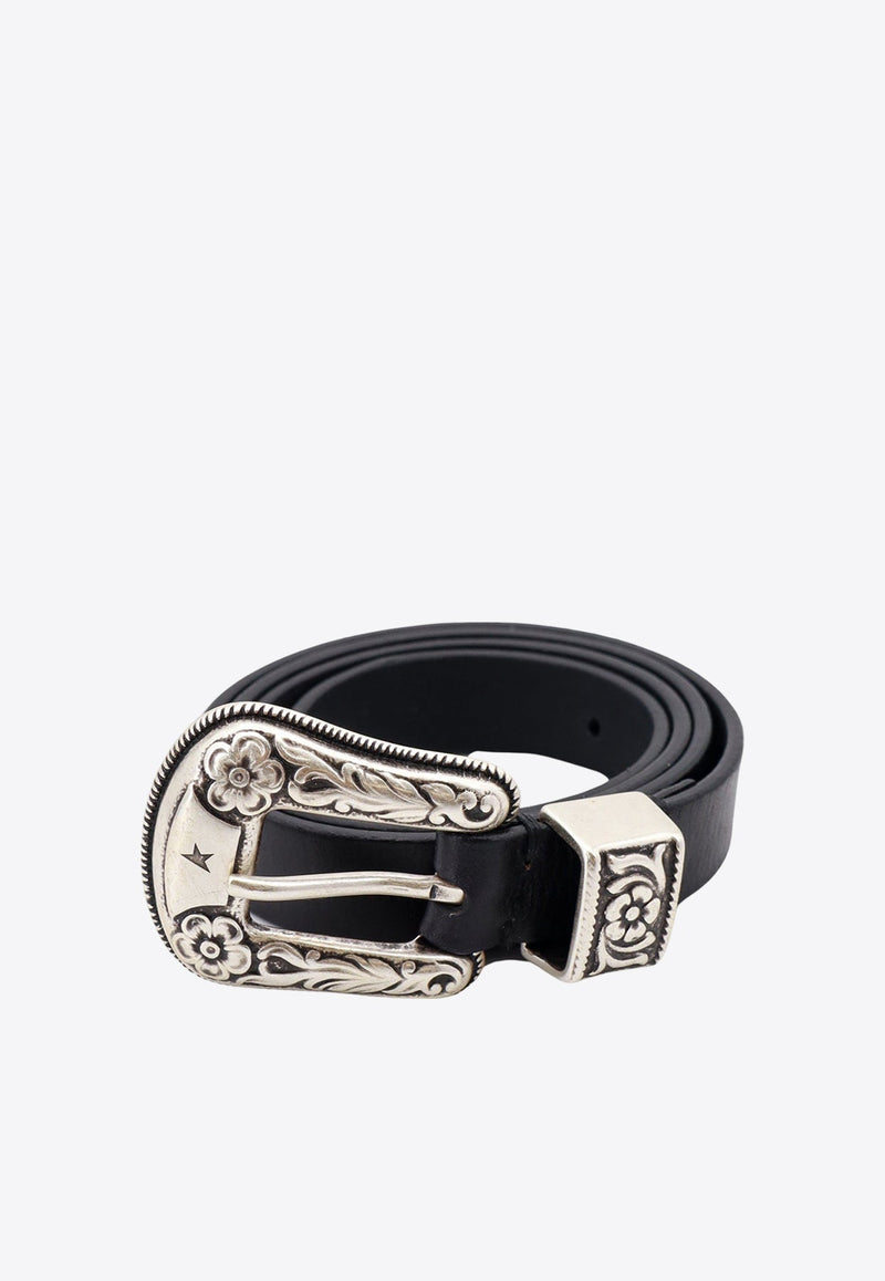 Engraved-Buckle Leather Belt