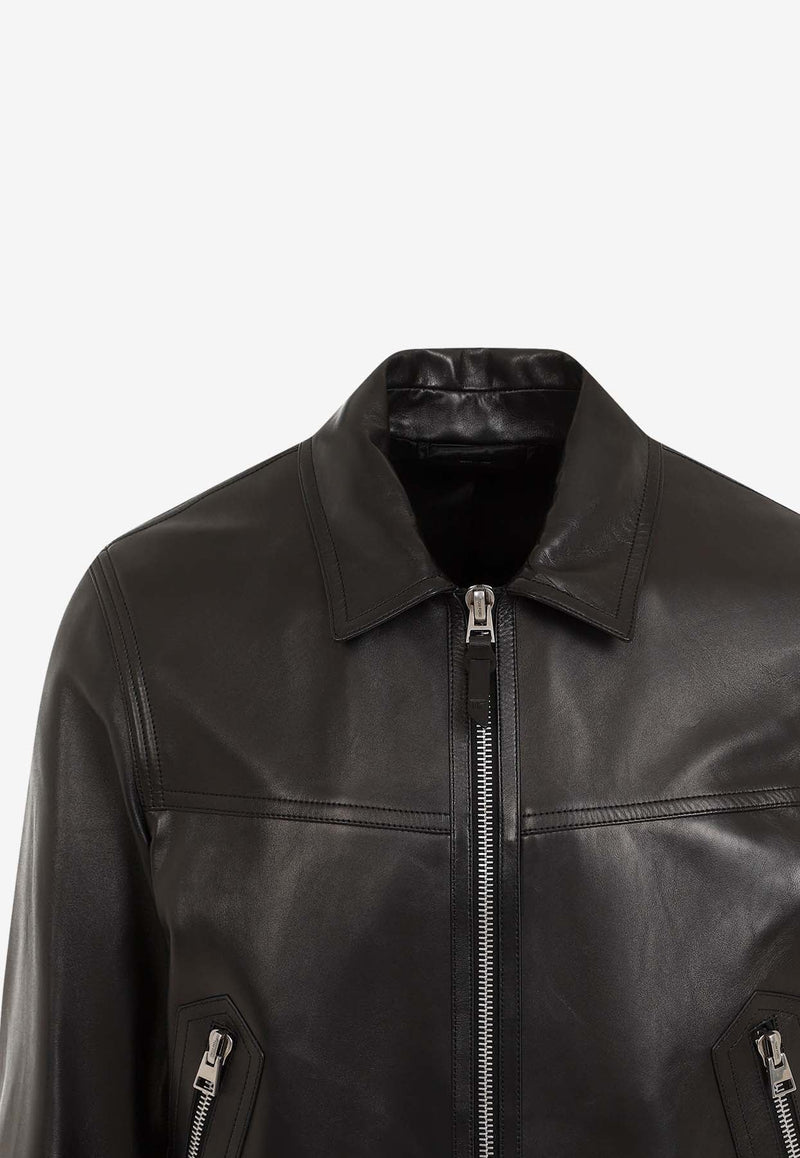 Zip-Up Leather Bomber Jacket