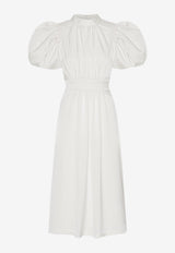 Sateen Puffed-Sleeve Midi Dress