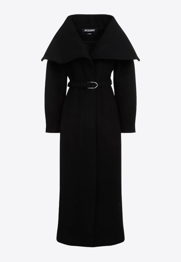 Draped Collar Long Wool Coat