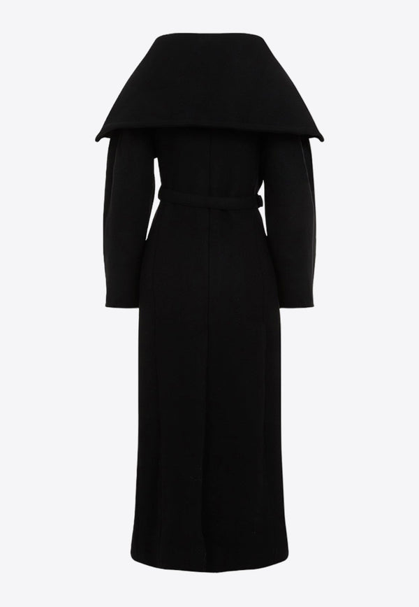 Draped Collar Long Wool Coat