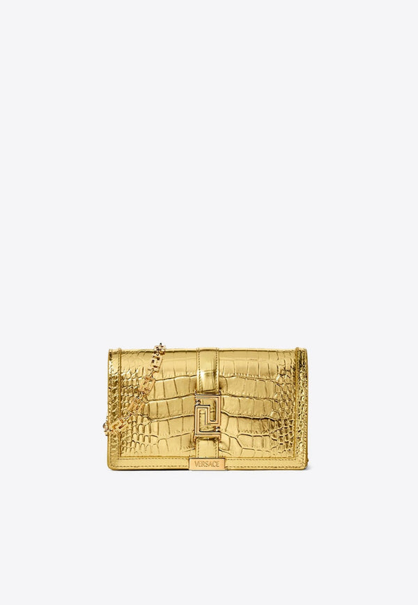 Mini Greca Goddess Shoulder Bag in Croc Embossed Leather