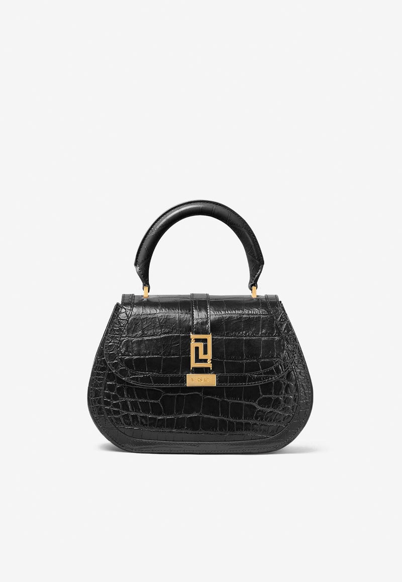 Greca Goddess Top Handle Bag in Croc-Embossed Leather