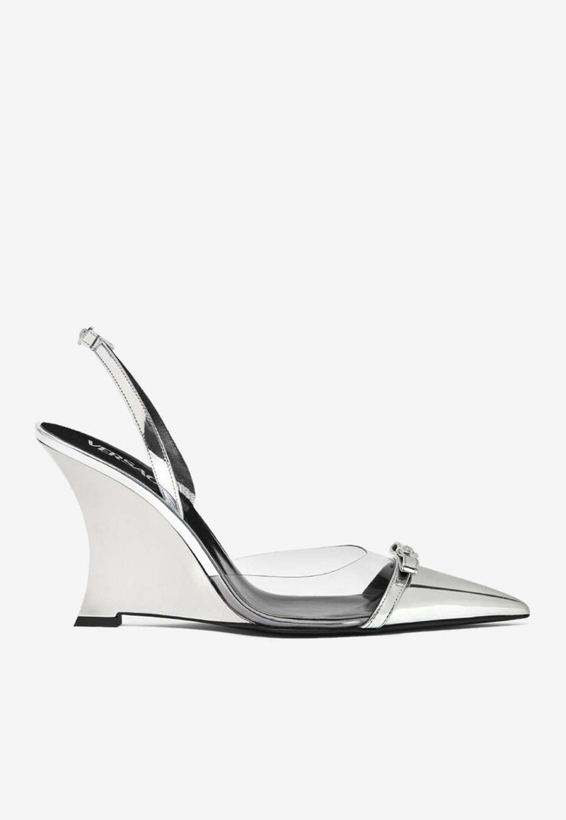 Gianni Ribbon 95 Metallic Leather Wedge Pumps