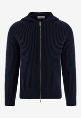 Rib-Knit Hooded Cardigan in Wool