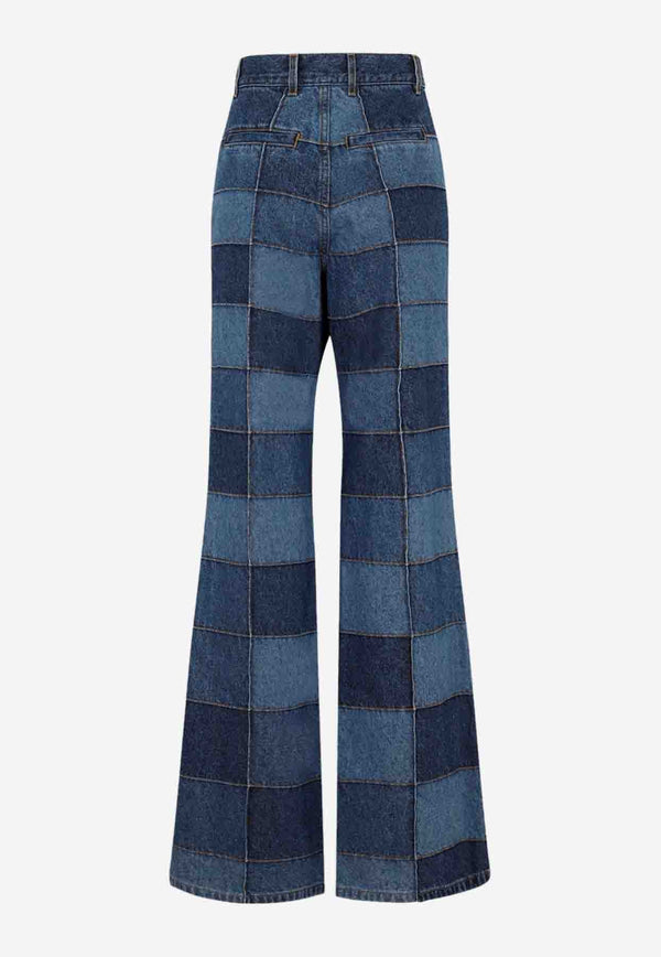 Patchwork Checkered Flared Jeans