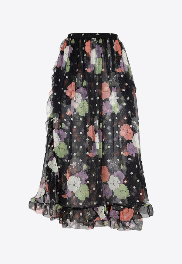 Silk Floral Polka-Dot Midi Skirt