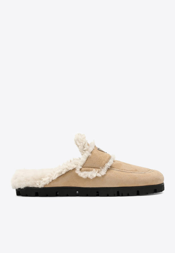 Triangle Logo Shearling Flat Mules