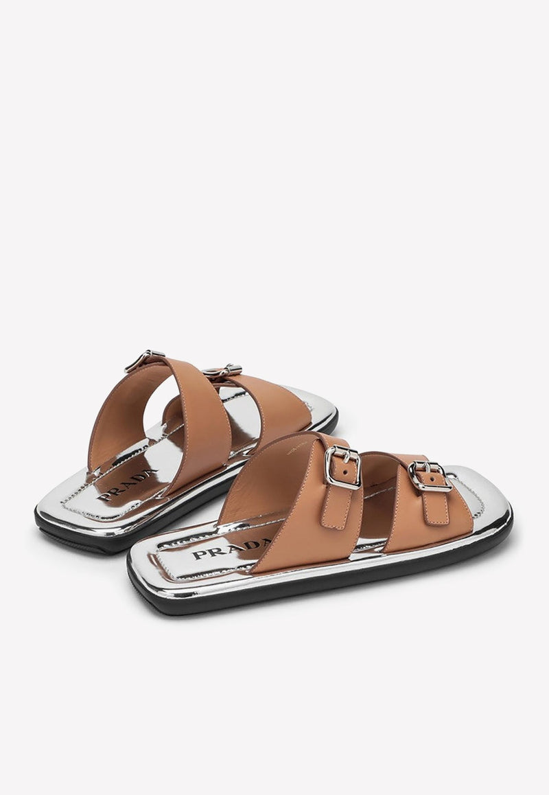 Double-Buckle Leather Flat Sandals