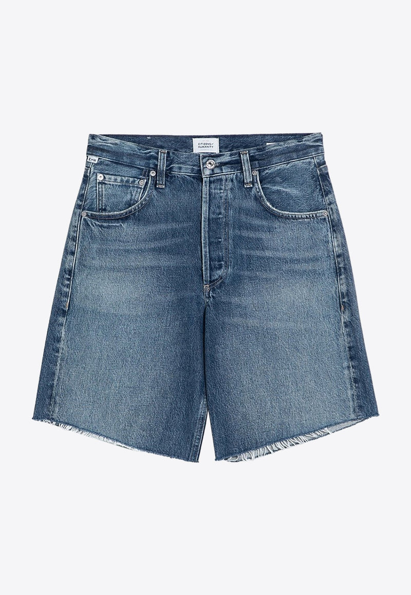 Washed-Effect Frayed Denim Shorts