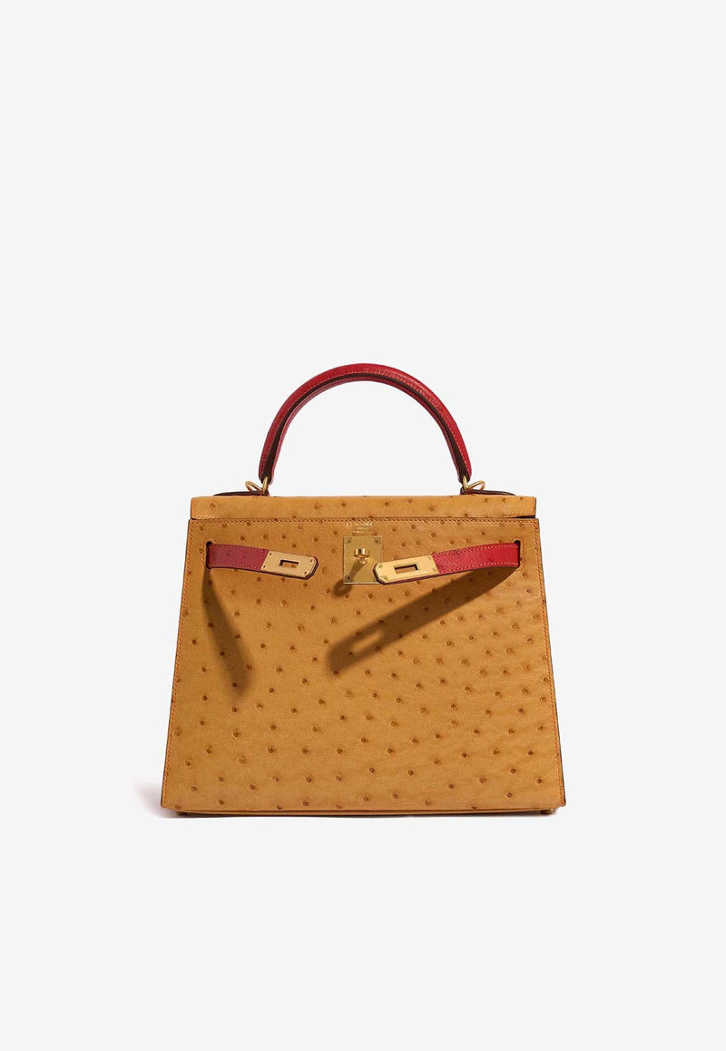 Kelly 28 in Gold and Rouge Vif Ostrich Leather with Brushed Gold Hardware