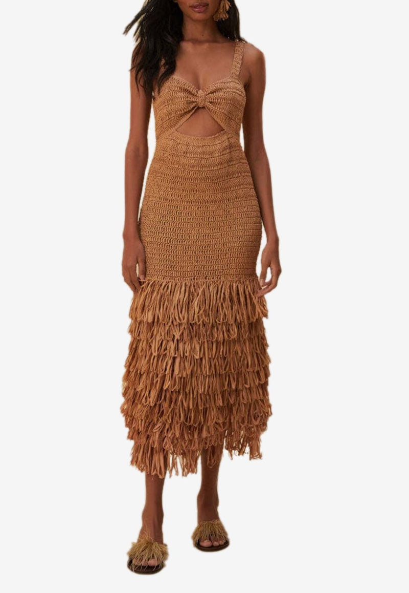 Raffia Cut-Out Fringed Midi Dress