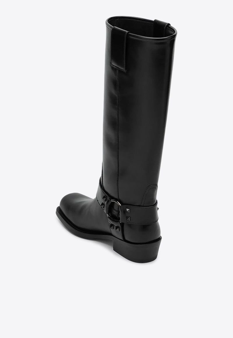 Rockstud Knee-High Leather Biker Boots