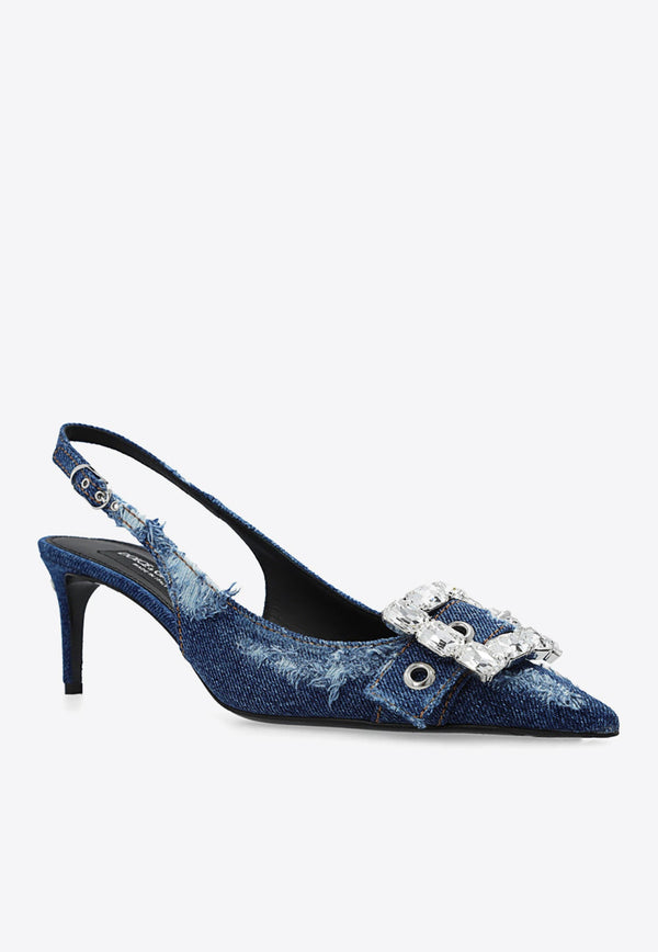 75 Distressed Denim Appliquéd Slingback Pumps