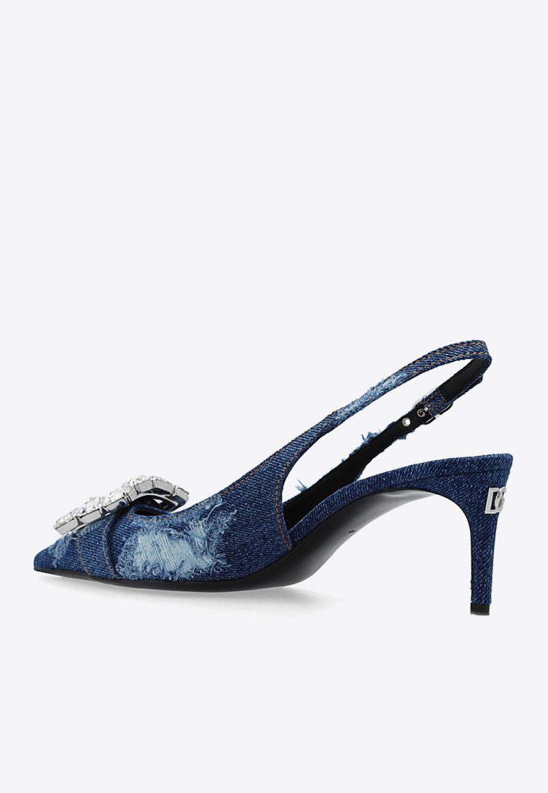 75 Distressed Denim Appliquéd Slingback Pumps