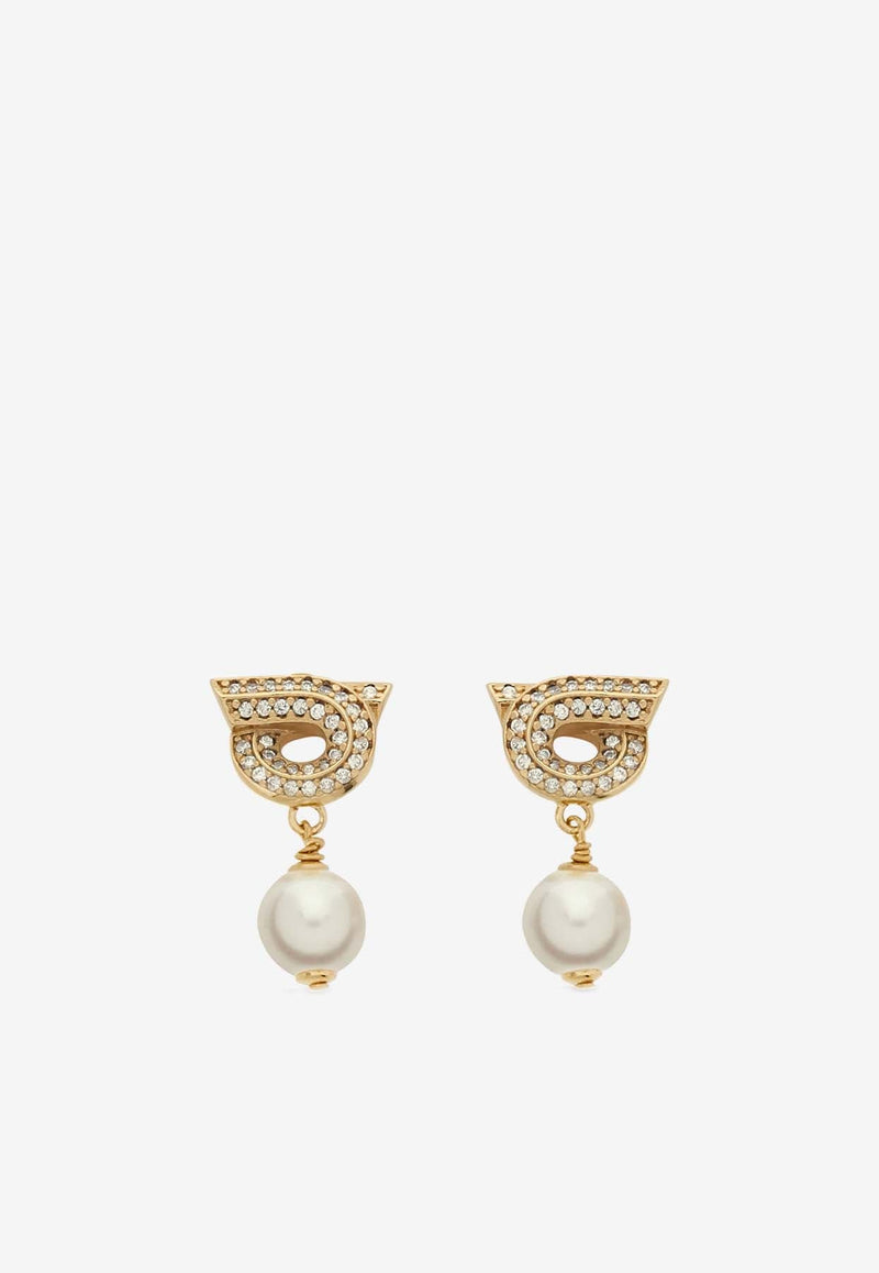 Crystal Embellished Gancini Pearl Drop Earrings