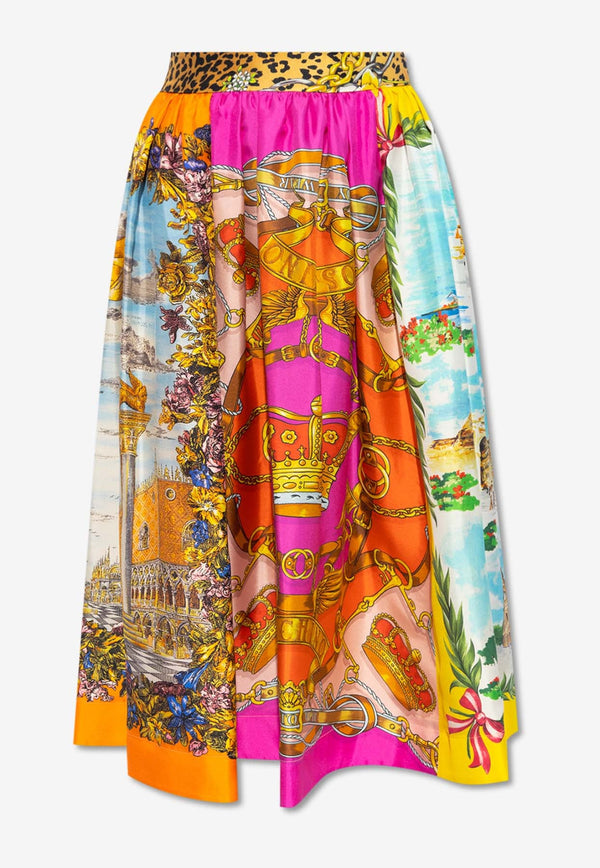 Scarf Print Silk Midi Skirt