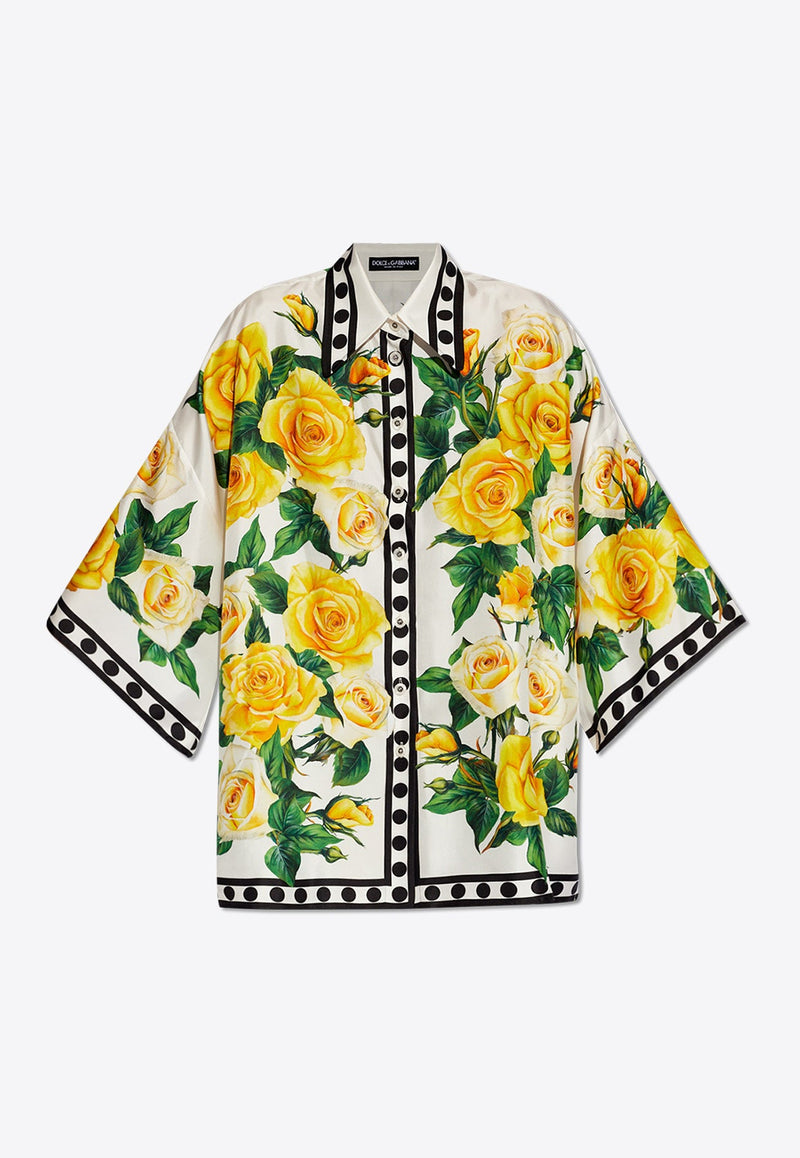 Oversized Rose-Print Silk Shirt