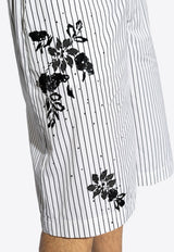 Floral Applique Striped Bermuda Shorts