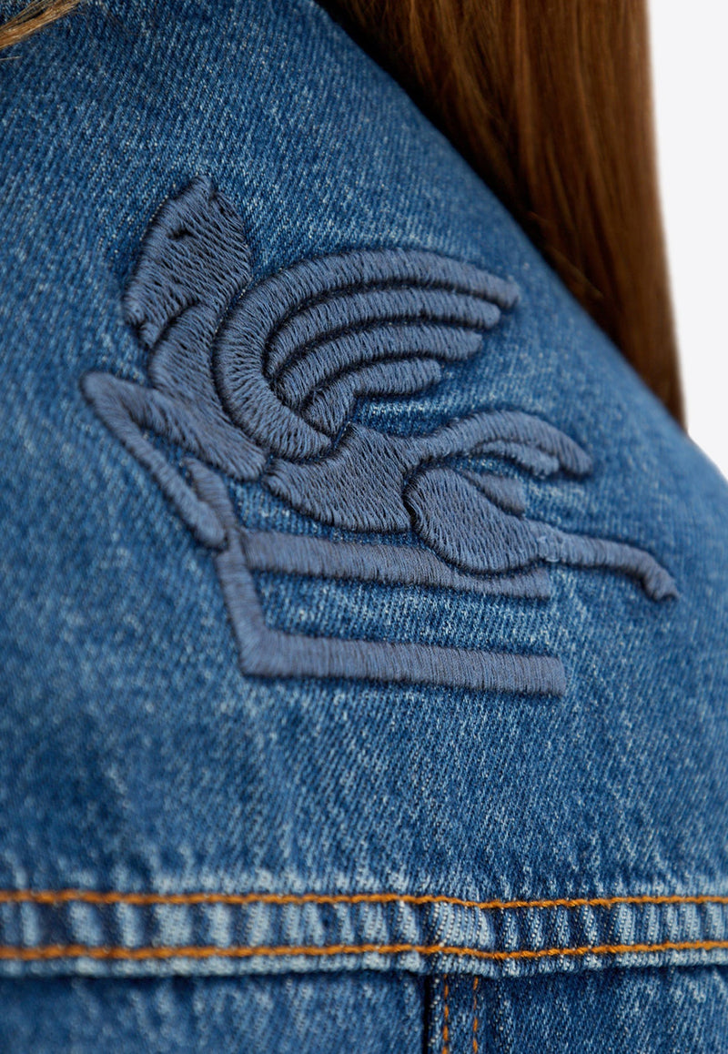 Logo Embroidered Long Denim Vest
