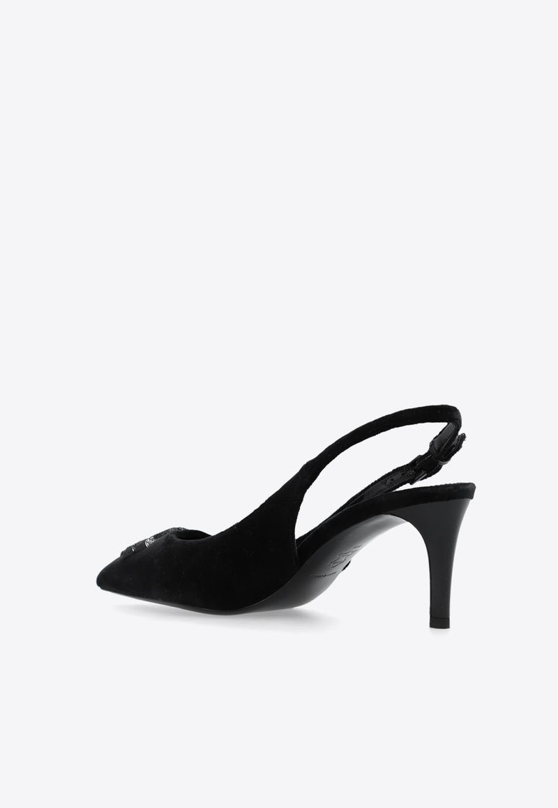 Eleanor 65 Crystal Logo Slingback Velvet Pumps