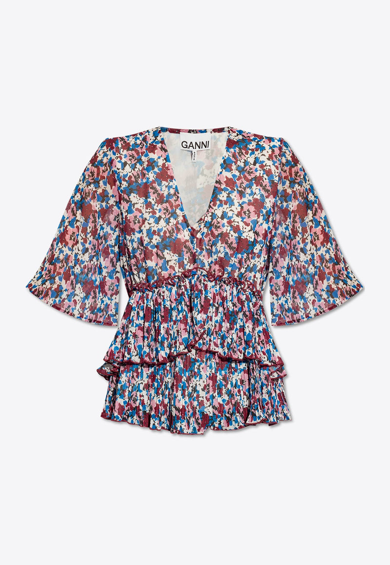 Floral Print V-neck Pleated Blouse