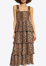 Leopard Pleated Tiered Smock Midi Dress