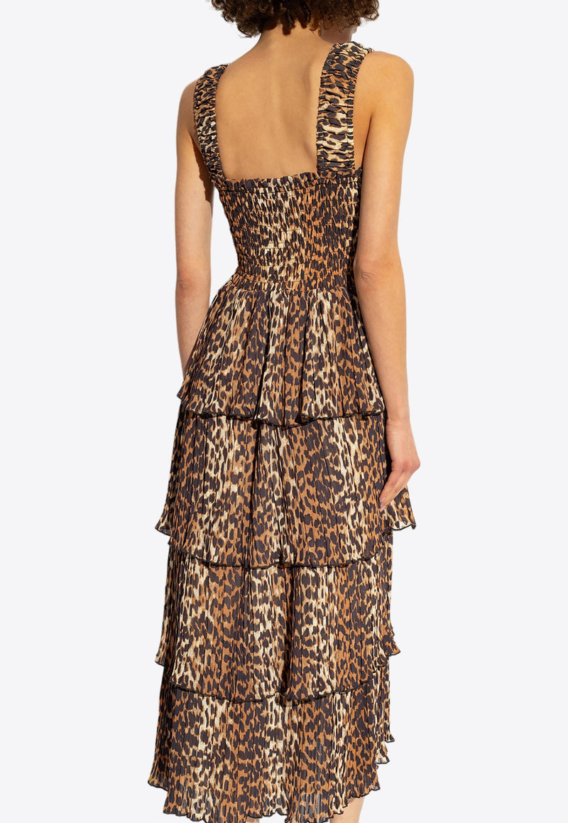 Leopard Pleated Tiered Smock Midi Dress