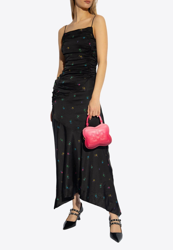 Floral Satin Ruched Midi Dress