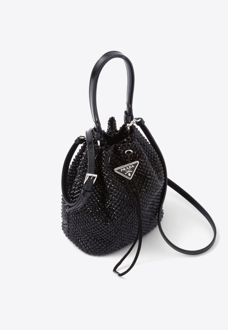 Mini Crystal Embellished Satin Bucket Bag
