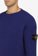 Ribbed Knit Wool Sweater with Logo Patch