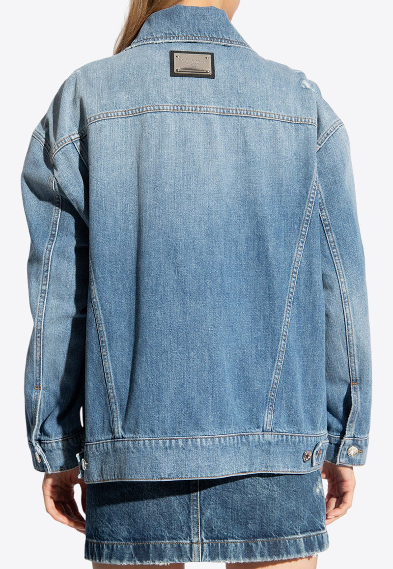 Logo Plaque Distressed Denim Jacket