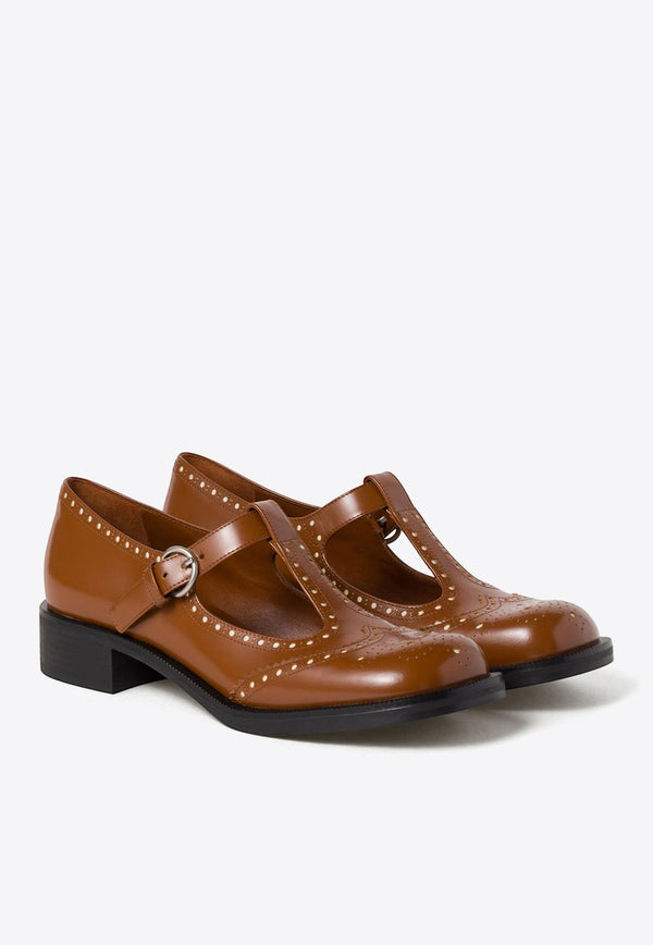 T-strap Leather Brogue Shoes