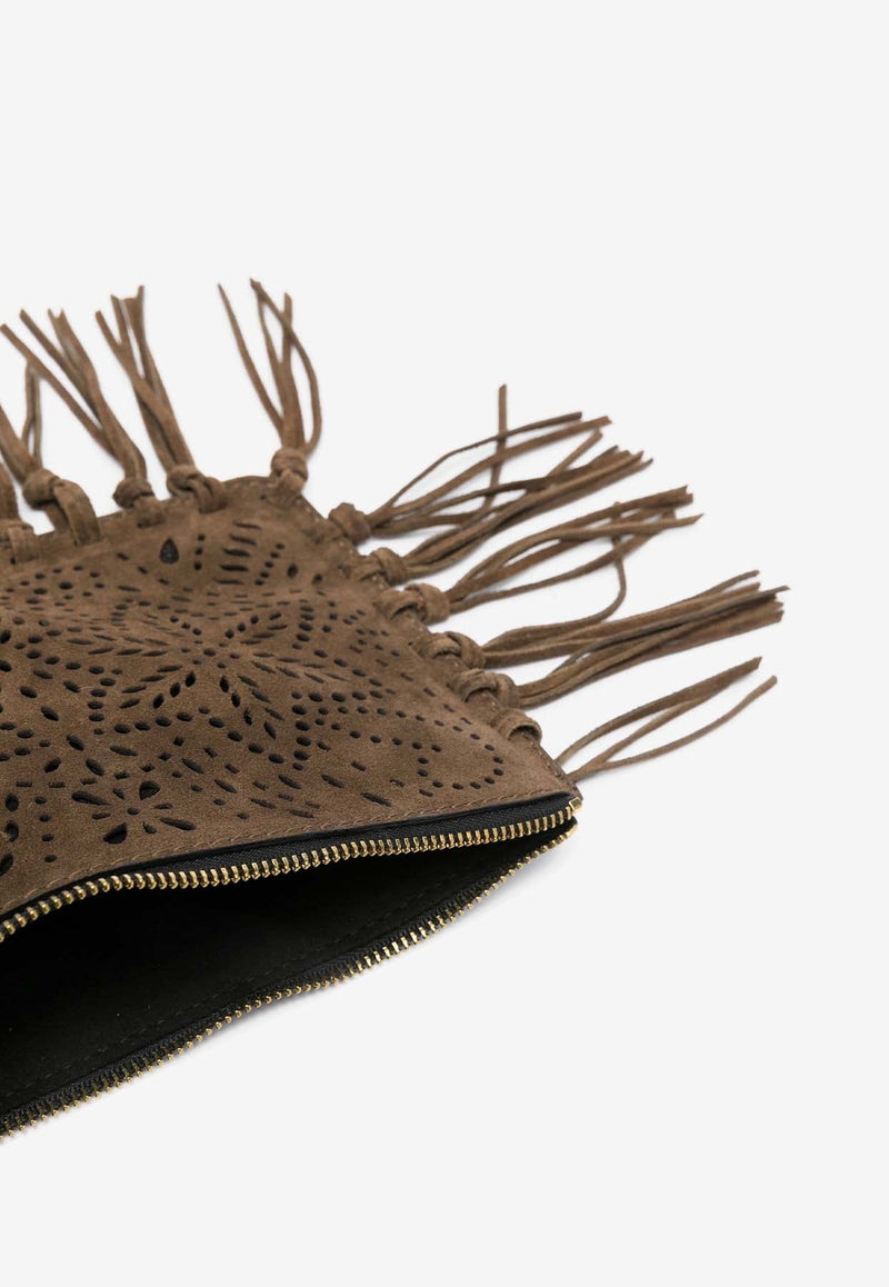 Perforated Suede Fringed Clutch