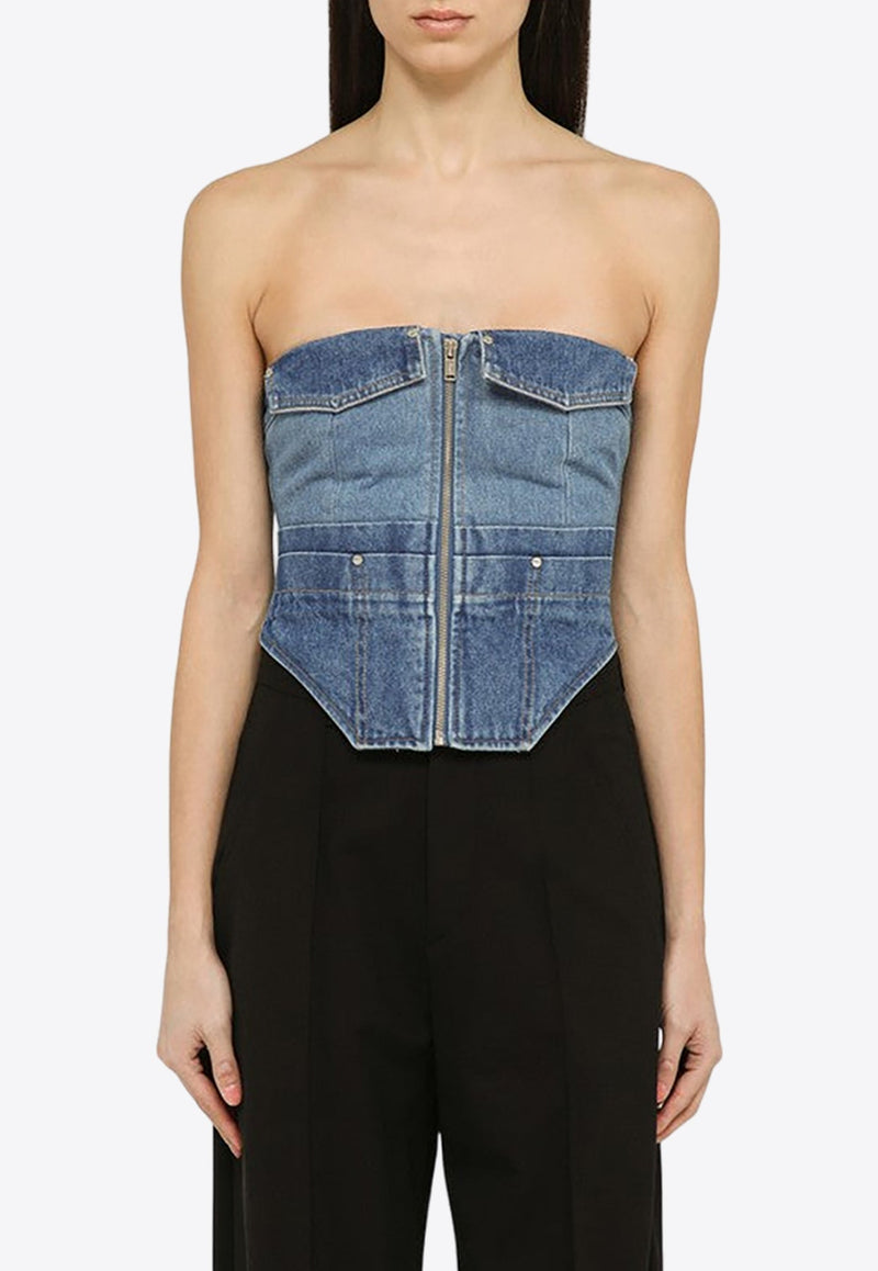 Denim Zip-Up Strapless Top