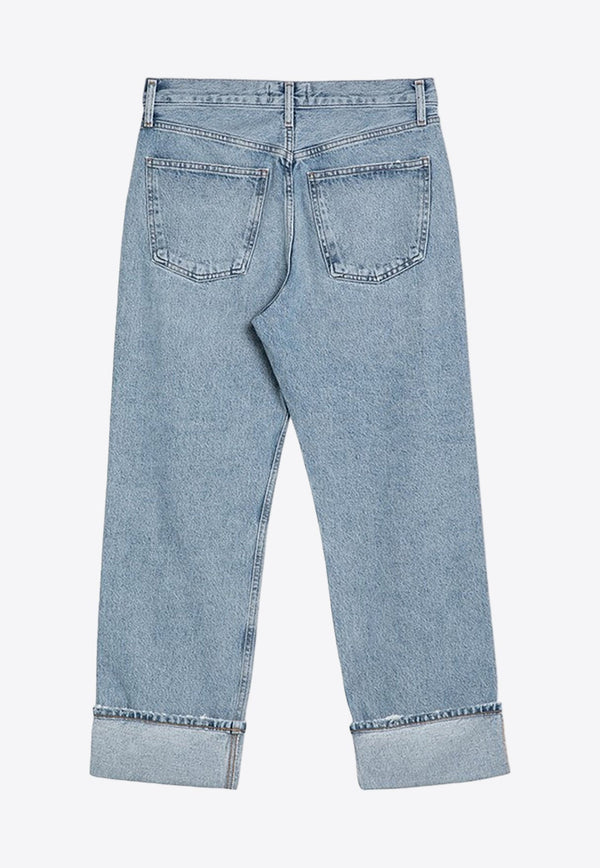 Washed-Effect Straight Jeans with Turn-Ups