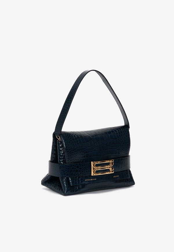 B Buckle Shoulder Bag in Croc-Embossed Leather