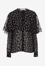 Ginkgo Print Satin Cape Blouse