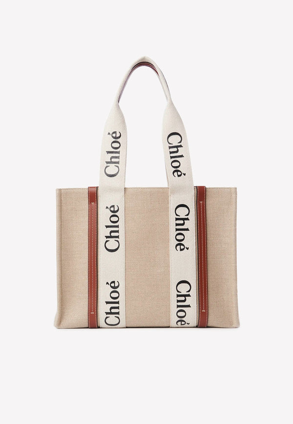 Medium Woody Tote Bag in Linen and Leather