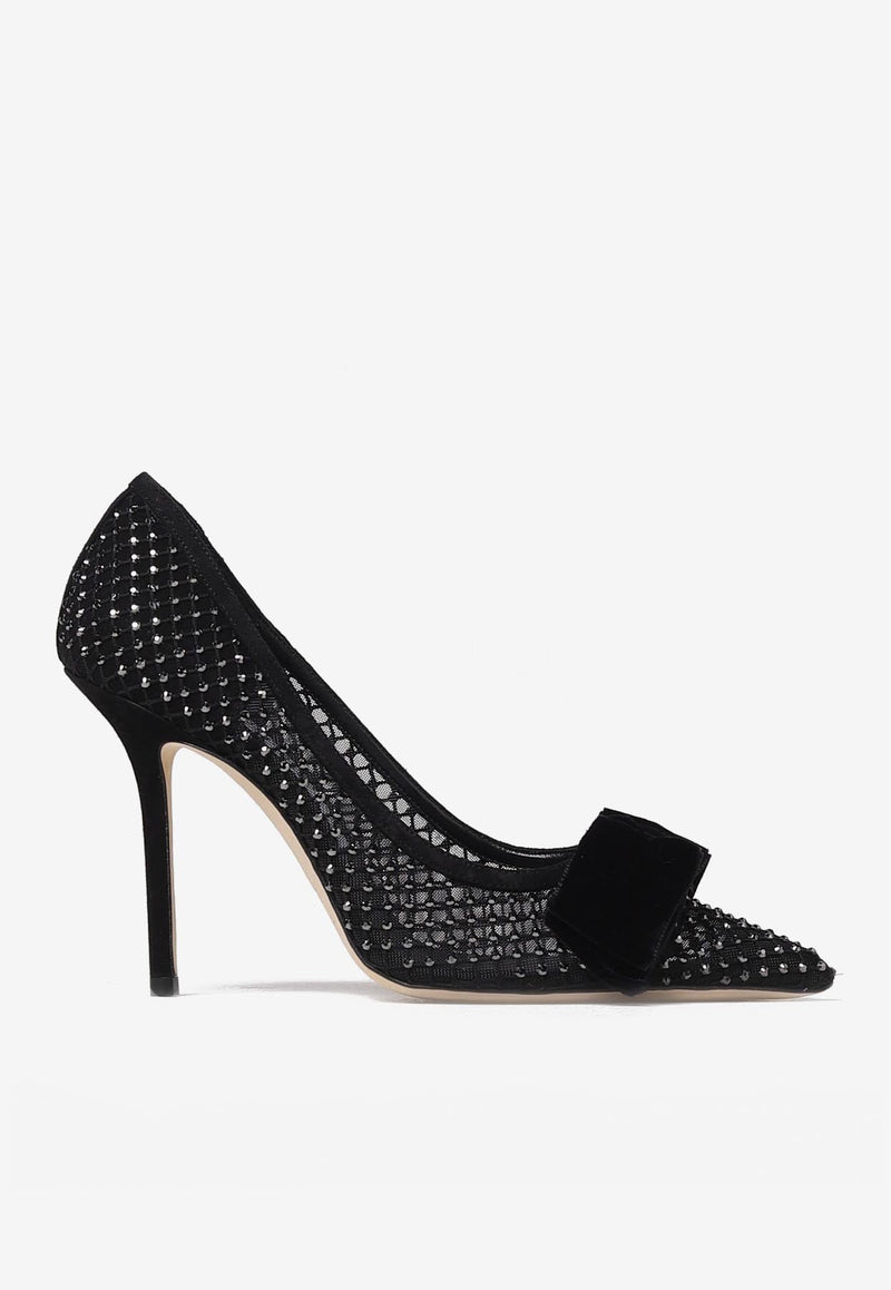 Love 100 Crystal-Embellished Mesh Pumps