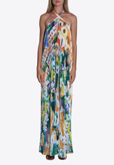 Deese Halterneck Floral Plisse Maxi Dress