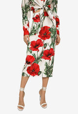 Poppy-Print Charmeuse Midi Skirt