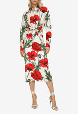 Poppy-Print Charmeuse Midi Skirt