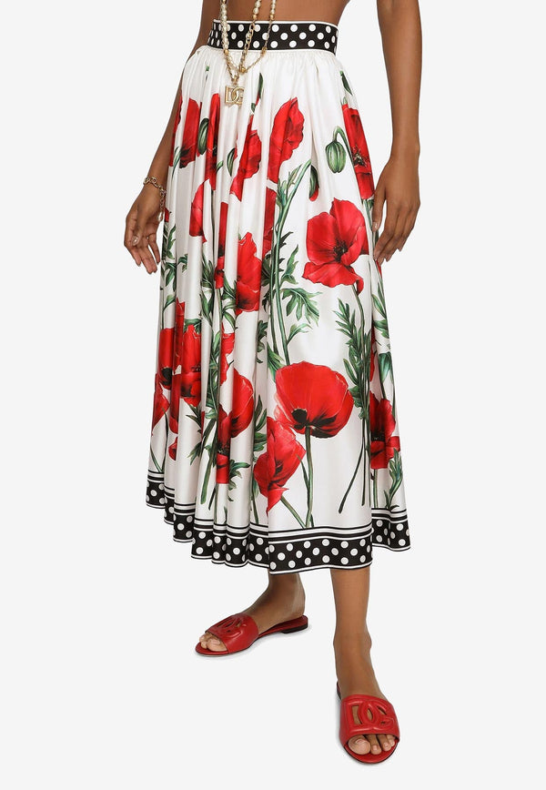 Poppy-Print Midi Silk Skirt