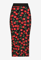 Cherry Print High-Waist Midi Skirt