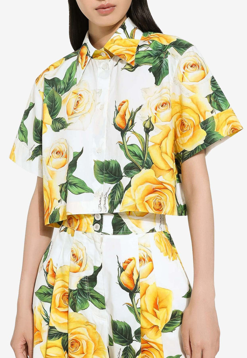 Short-Sleeved Rose-Print Cropped Shirt