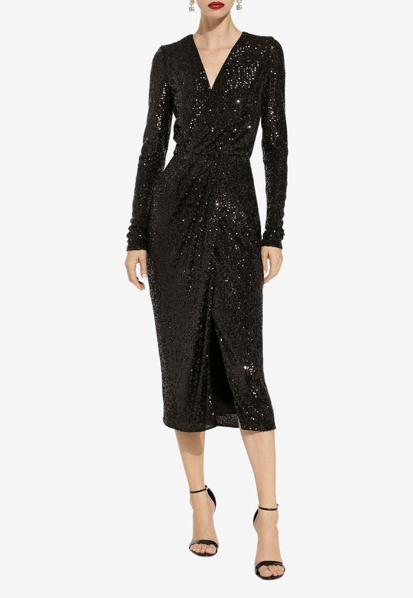 V-neck Sequined Midi Dress