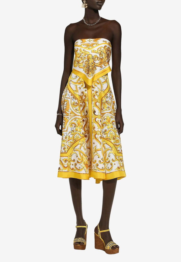 Majolica Print Strapless Silk Midi Dress